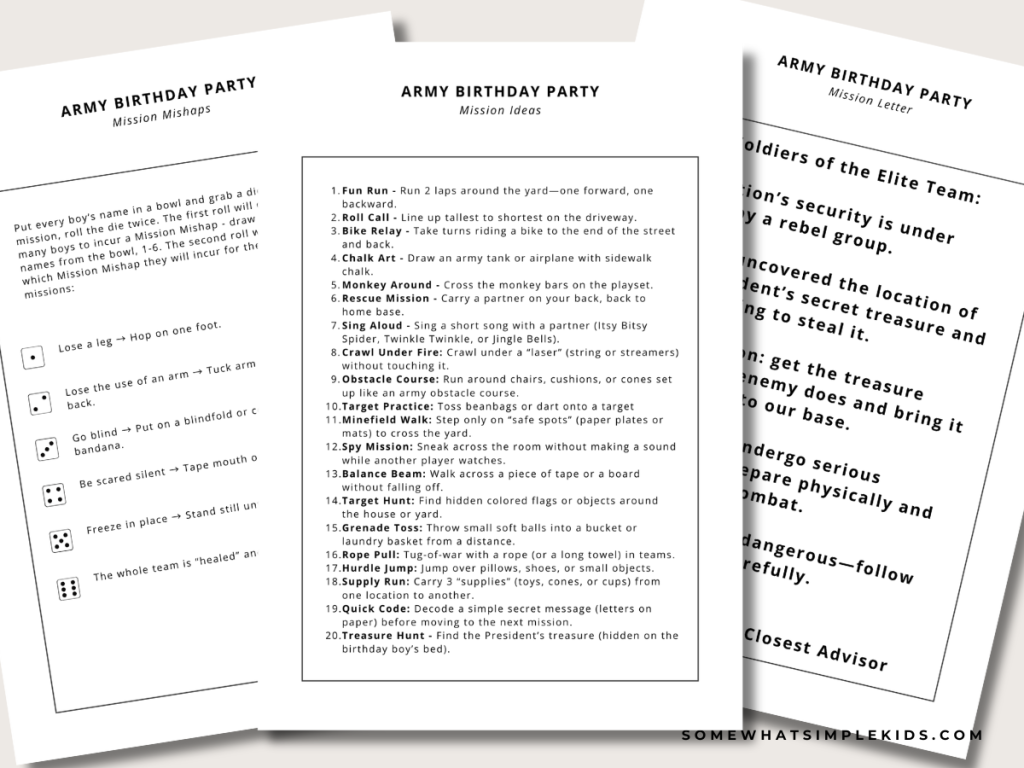 Army Birthday Party Printables - Games and Secret Mission Ideas