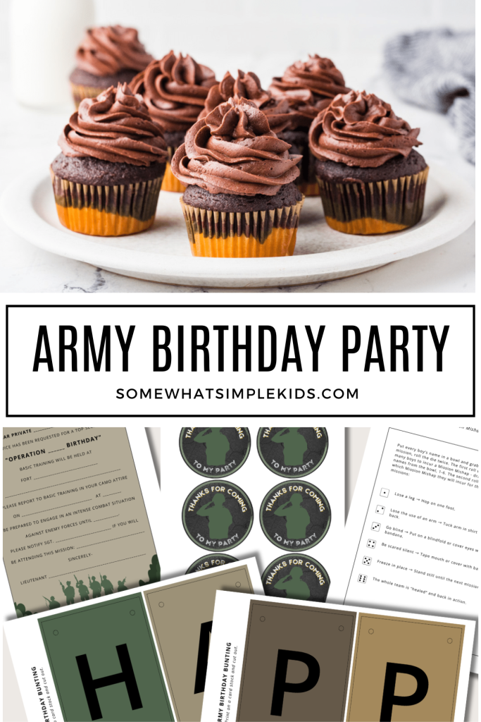 collage of images for an army birthday party