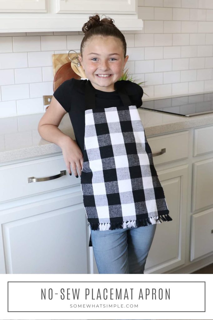 long image of Addie wearing a placemat apron