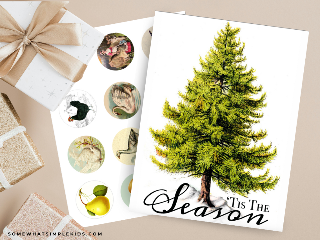 Vintage 12 Days of Christmas Countdown printable sheets laying flat next to Christmas presents