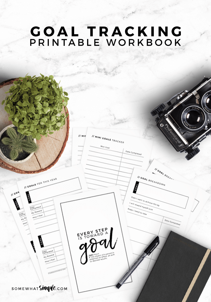 Long image of a printable goal journal laid out on a counter