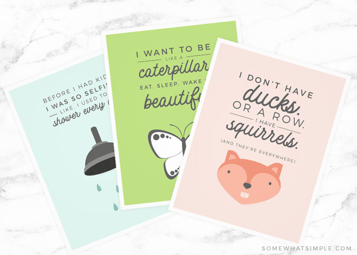 close up of 3 memes from the printable pack with a fox and butterfly
