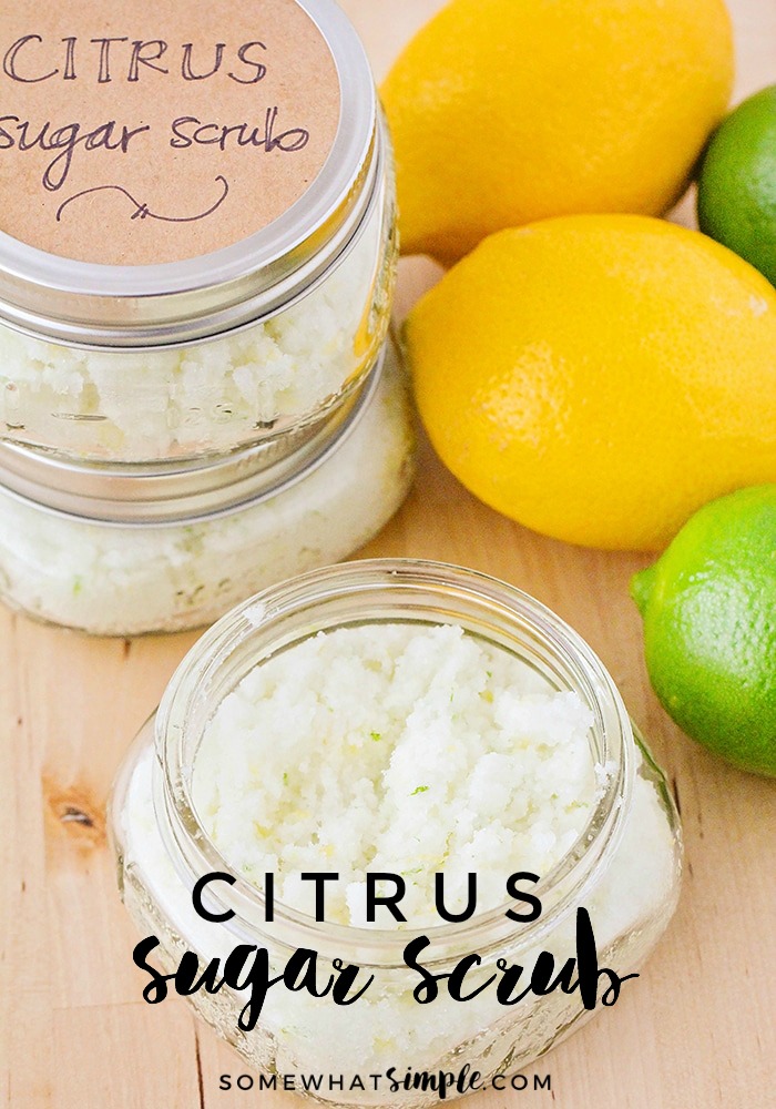 long image of a citrus sugar scrub next to a lemon and lime