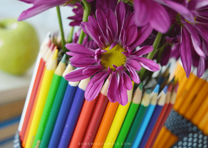 close up of flower vase wrapped in colored pencils