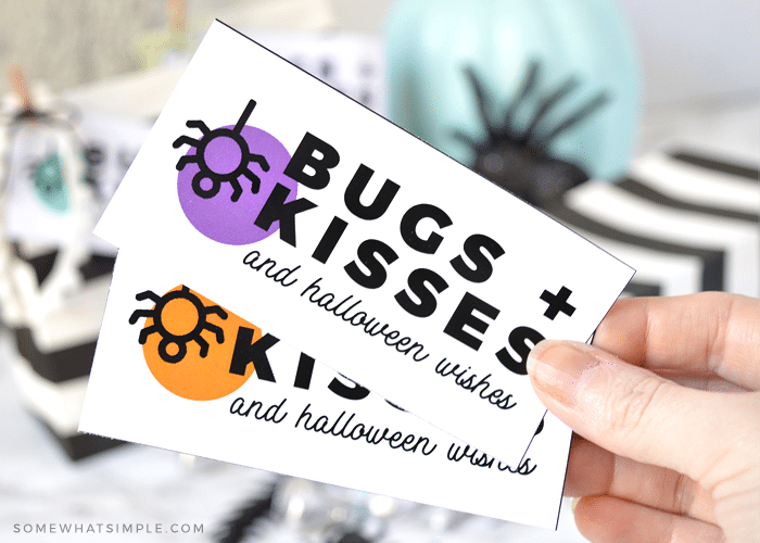 a close up of the bugs and kisses printable with hershey's kisses and plastic bugs next to them