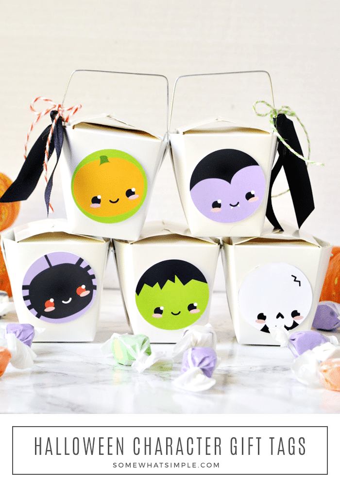five halloween gifts with spooky characters on the side from this free printable