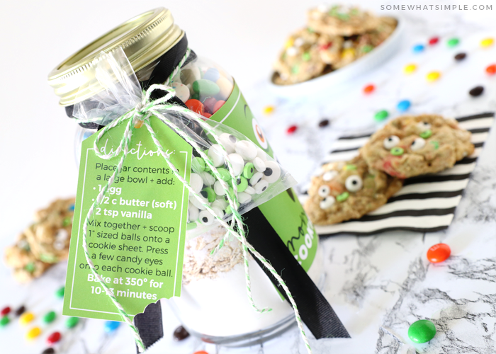 Recipe tag with a cookie recipe attached to a mason jar