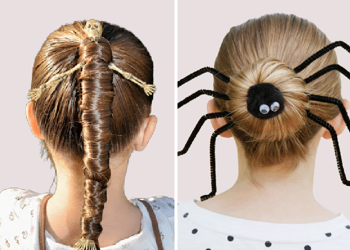 two girls with their hair done for Halloween. One with a skeleton wrapped around her hair and the other with a bun and black pipe cleaners to look like spider legs