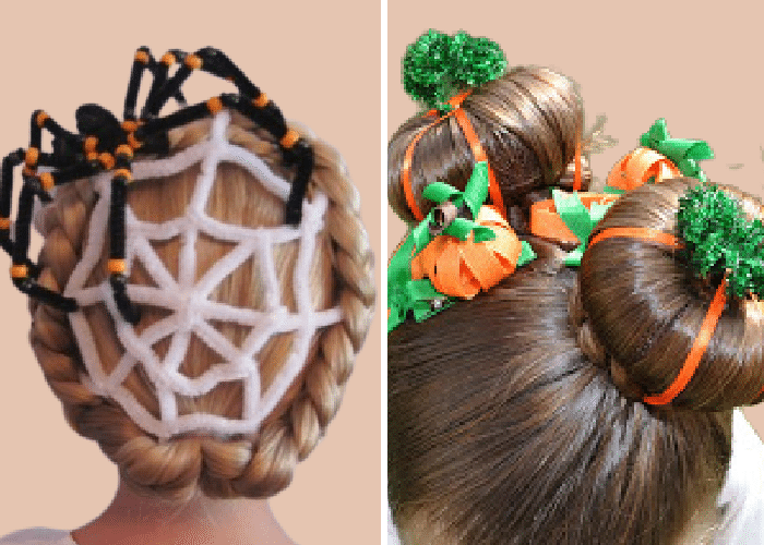 two girls with ribbons and pipe cleaners in their hair to look like a spider web and a pumpkin