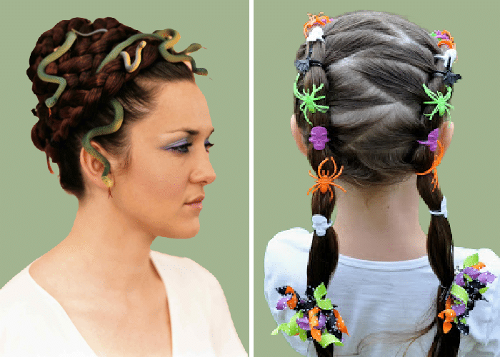 two girls with plastic bugs ans snakes in their hair