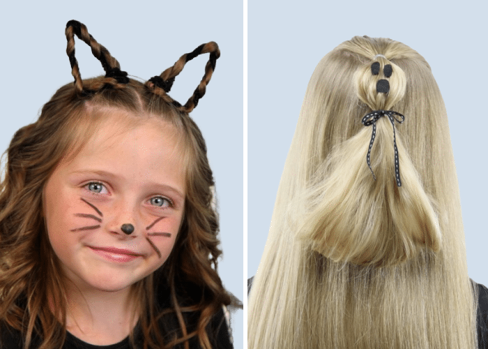 two girls with halloween hairdos - 1 with cat ears made out of braids, and another with her hair tied up to look like a ghost