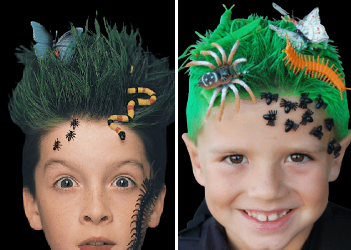 two boys with hair sprayed green and plastic bugs secured around their face and in their hair