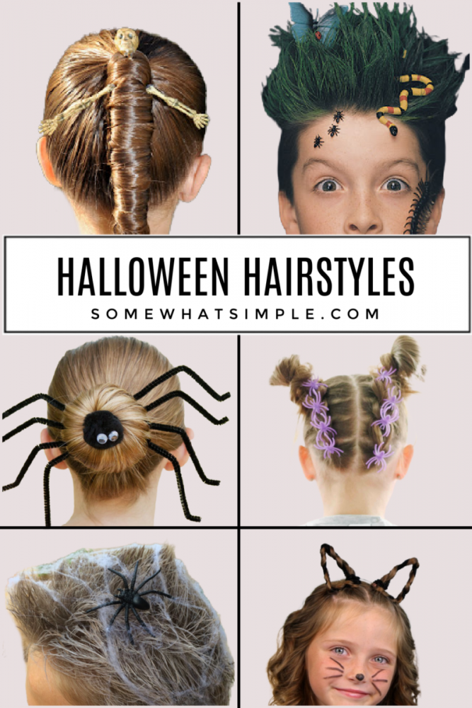 a collage of 6 kids with different halloween hairstyles