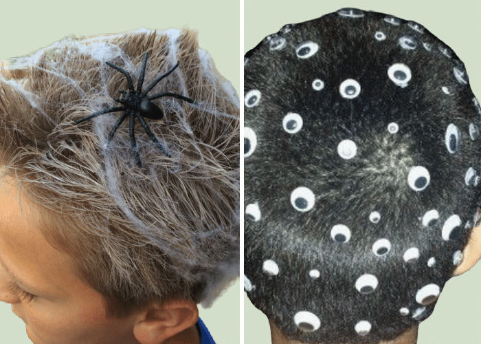 two boys with halloween hair - one with spider web stuck all around it, and another with googly eyes in different sizes all around his hair. 