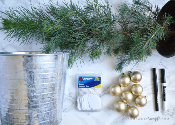 supplies for a giving tree laid out on the counter