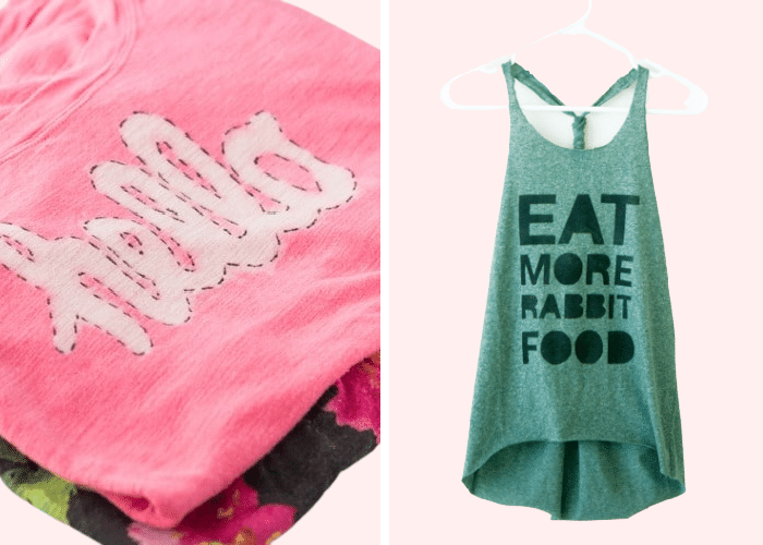 a pink shirt with the word "hello" on it and a green tank top with the phrase "eat more rabbit food" on it