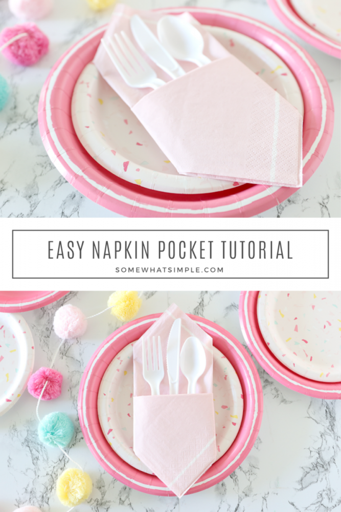collage of pink napkins folded to make a napkin pocket