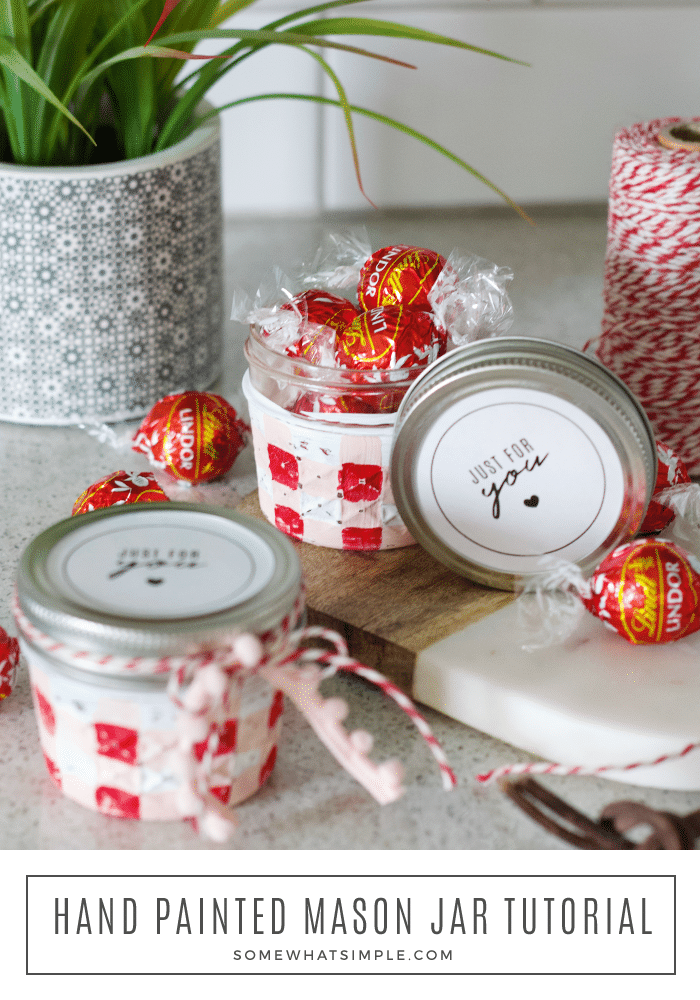 painted jelly jars on the counter filled with chocolate