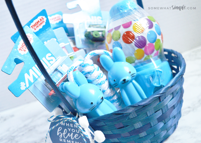 an Easter basket with all blue items
