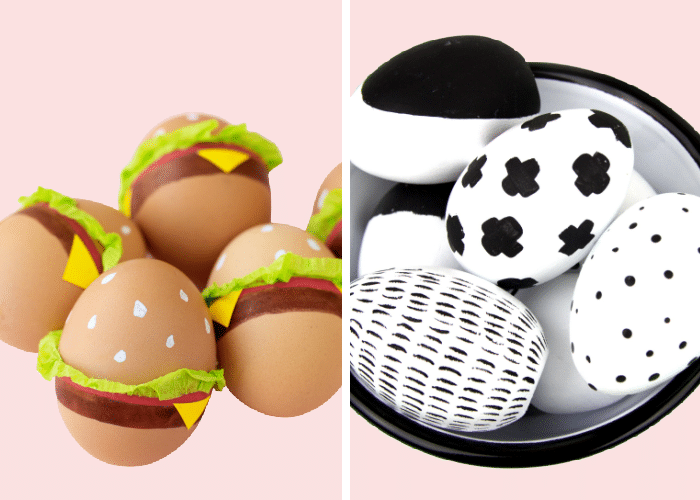 easter eggs decorated to look like hamburgers next to black and white sparpie decorated easter eggs