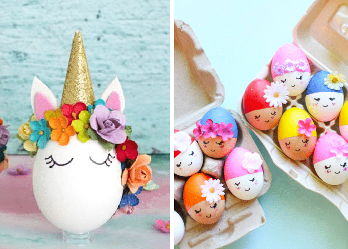 easter eggs decorated like unicorns and synchronized swimmers