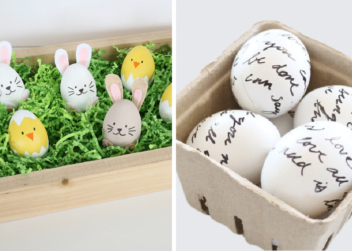eggs that look like bunnies and chicks next to eggs with love letters written on them