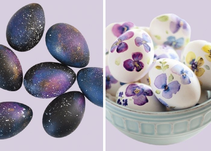 galaxy eggs next to eggs decorated with flowers