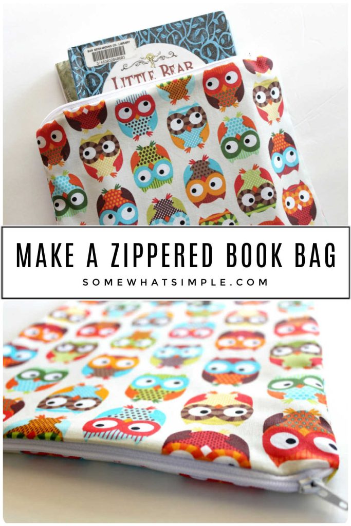 collage of images showing a zippered book pouch