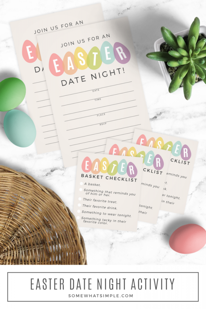 easter date night printables on the counter next to easer eggs