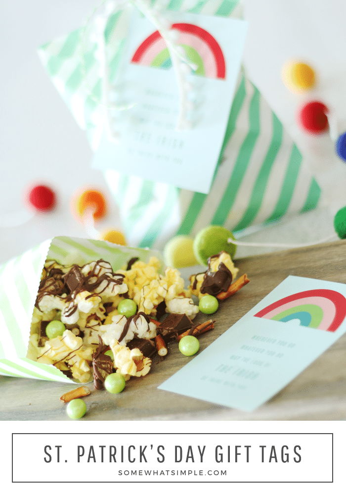 A St. Patrick's day gift of kit kat popcorn in a green bag and a gift tag