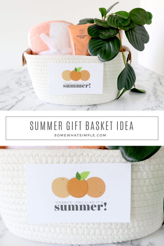 collage of summer gift ideas with orange items in a white basket