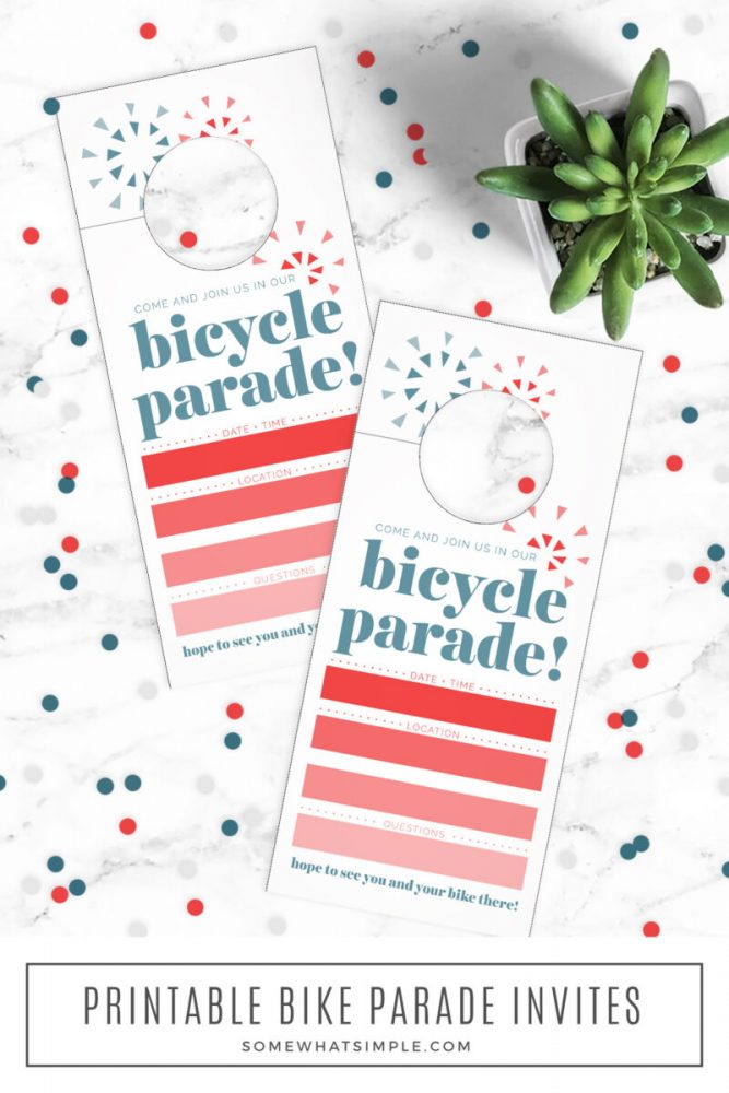 long image of printed bike parade invitations on white