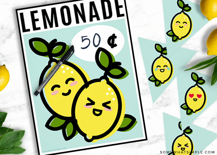 these cute lemonade stand sign and banner free printables layed out on a counter