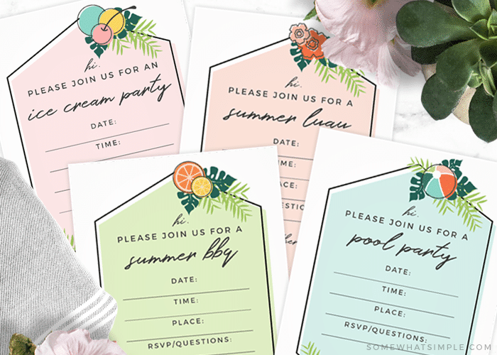 summer party invitations for different events like a bbq, ice cream party and pool party