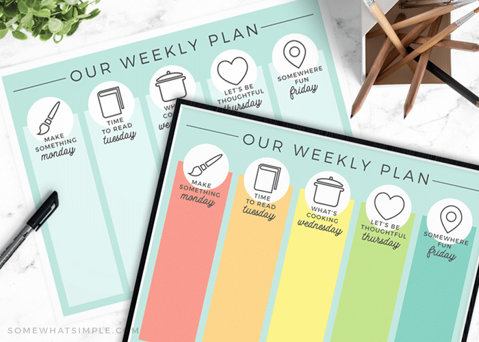 two daily summer schedules for kids that have a different activity to do each day. One has multiple colors and the other only has one.