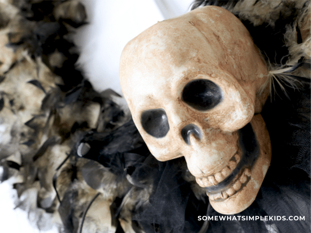 close up of a realistic skull on a feathery halloween wreath