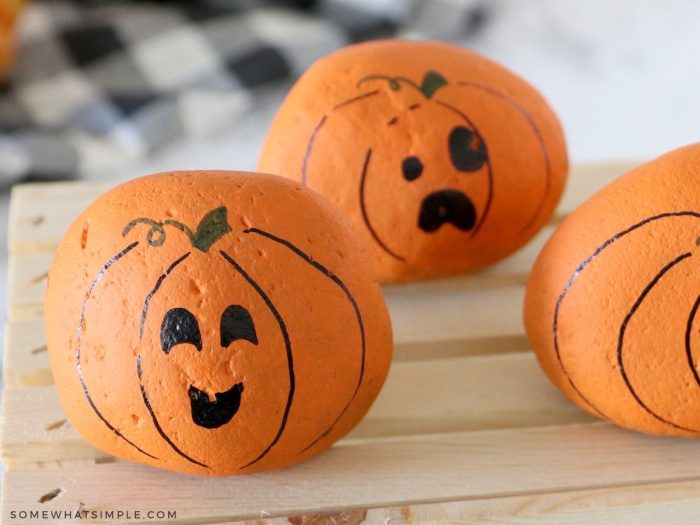 close up of pumpkins made from river rocks