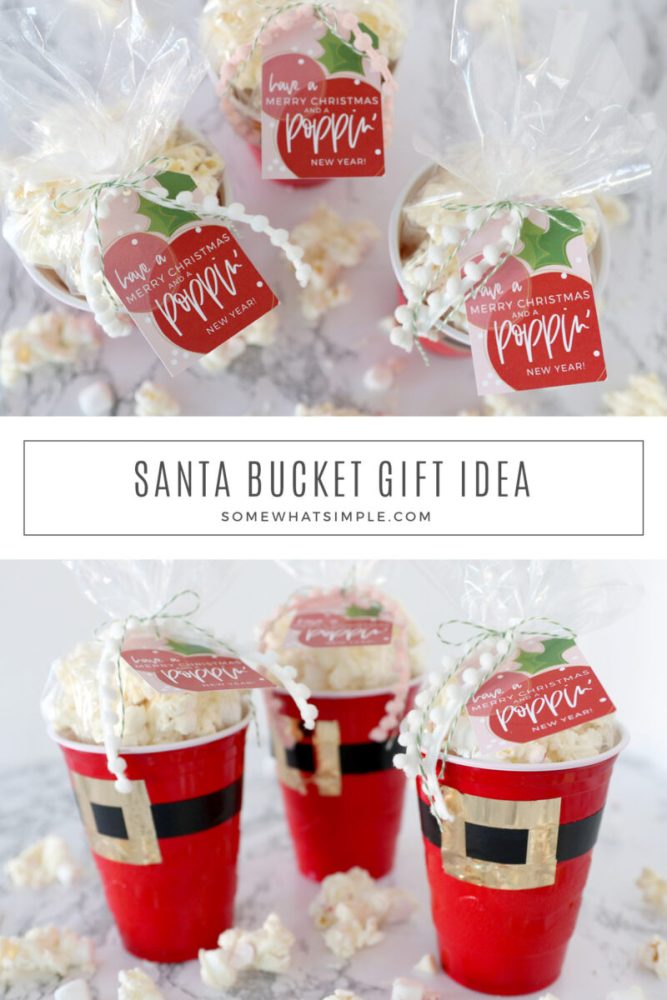 collage of santa cups filled with popcorn