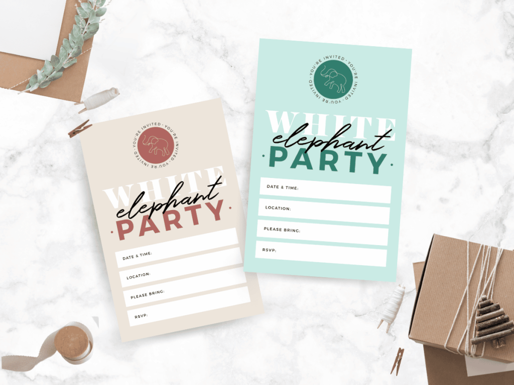 white elephant party invitations on a white background