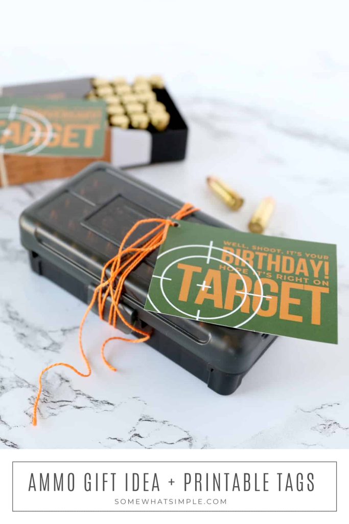 long image showing a close up of a printable gift tag for an Ammo Birthday Gift for your husband