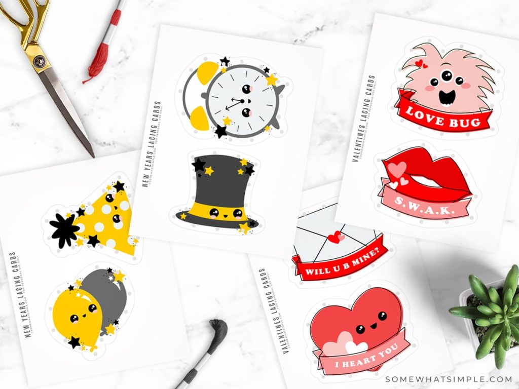 printable lacing cards for new years and valentines