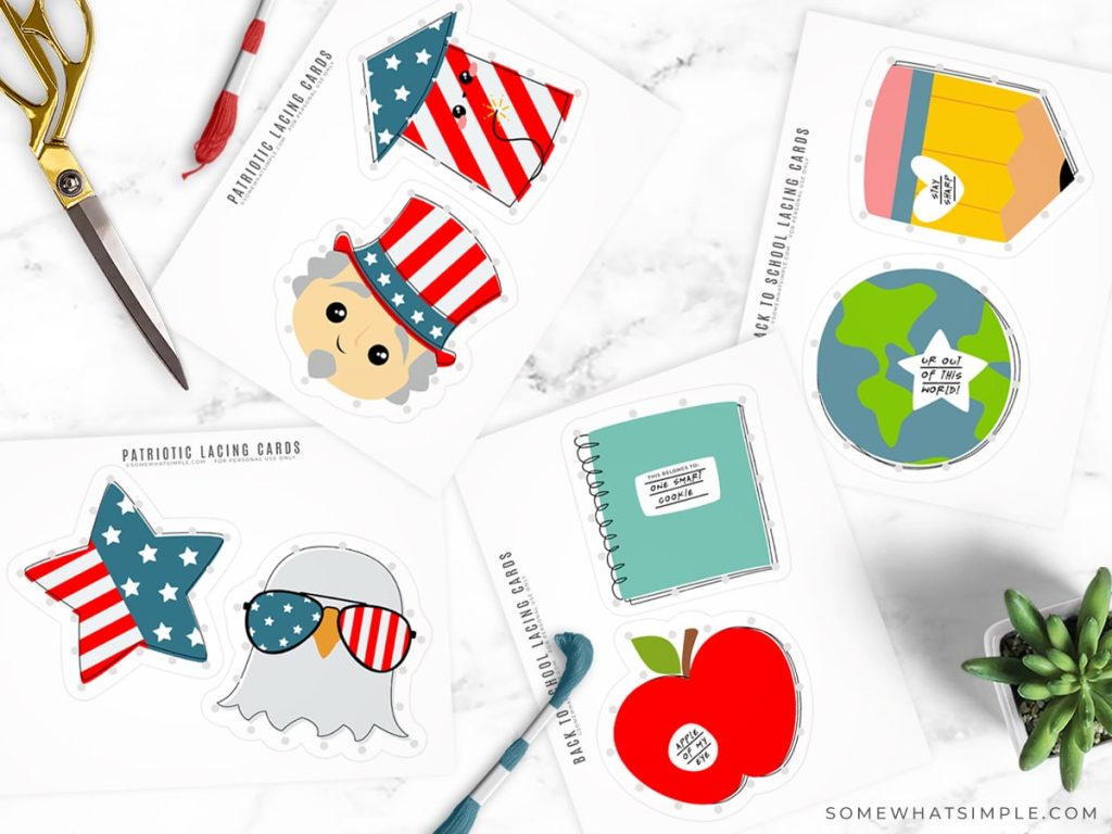 printable lacing cards for 4th of july and back to school