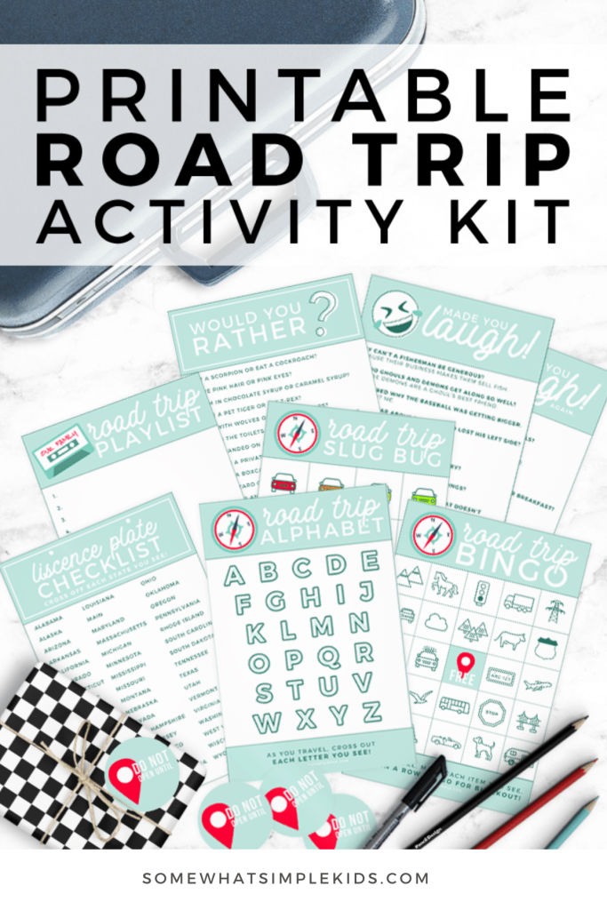 Long image of a group of printable road trip activities laid out on a white counter