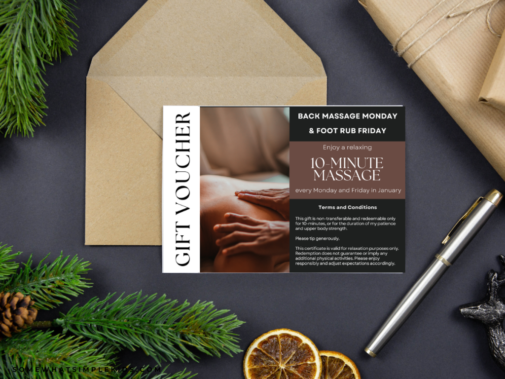 massage gift certificate next to orange slices and pine branches