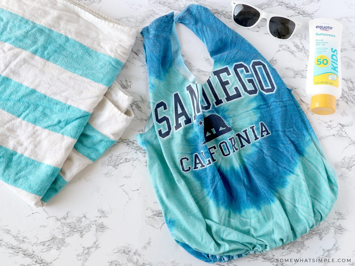 finished T Shirt Tote with pool supplies