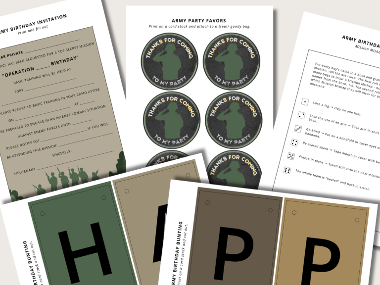 army birthday party printables, printed out
