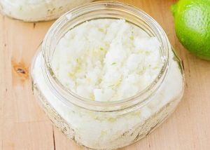 small jar of citrus sugar scrub on the counter