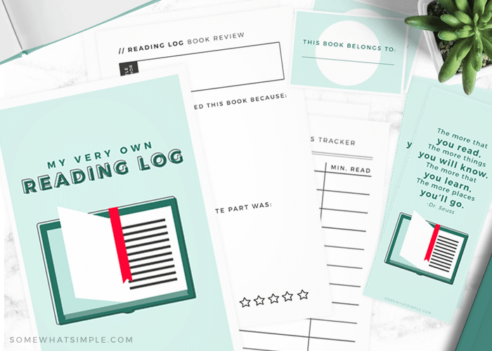 printable reading log pages on a counter