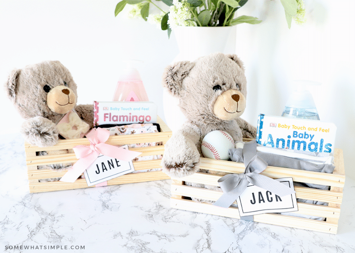 baby shower gift for twins with teddy bears in two crates